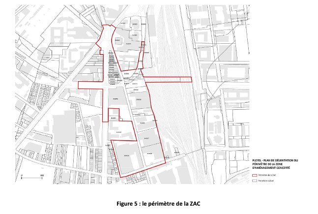 Périmètre de la futur ZAC Pleyel - Source : Source : pièce B - note synthétique de présentation du projet, page 5 dans l'enquête publique de création de la ZAC Pleyel à Saint-Denis (intutulée 